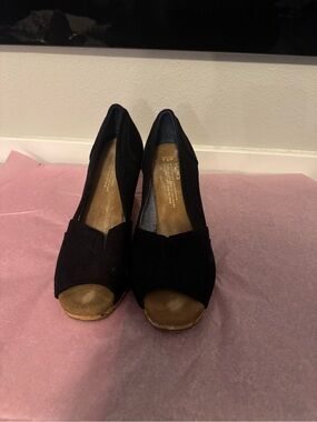 Toms Black Peep-Toe Wedge Pumps